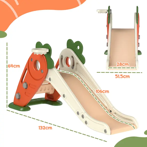 AIYAPLAY 3 in 1 Foldable Toddler Slide with Basketball Hoop, Climber, Carrot-themed, for 1-3 Years - 2