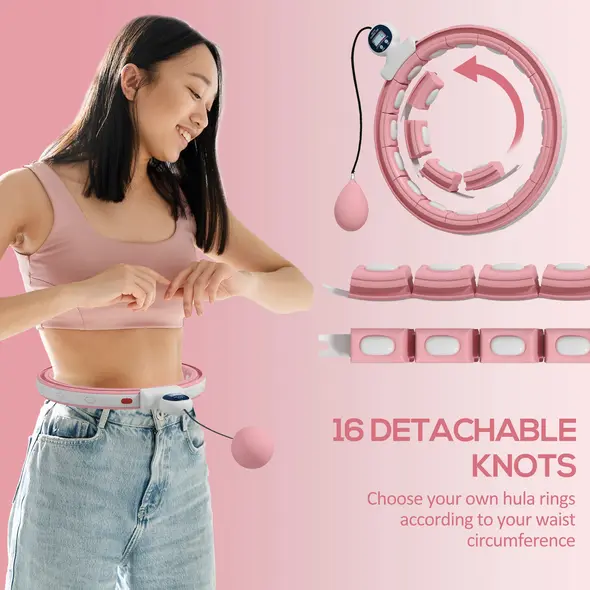 SPORTNOW Smart Weighted Hula Hoop, Massage Hula Ring w/ 16 Detachable Knots, 360° Auto-Rotating Ball, Digital Counter, Pink - 4