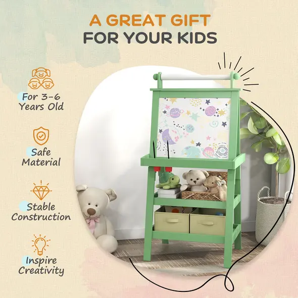 AIYAPLAY 3 in 1 Kids Easel Double-Sided Magnetic Whiteboard and Chalkboard with Paper Roll, Storage Baskets - Green - 6