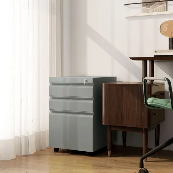 Vinsetto 3 Drawer Filling Cabinet, Mobile Metal File Cabinet with Anti-tilt Design for Letter, A4, Legal Size, Grey - 1