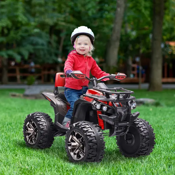 HOMCOM 12V Quad Bike ATV with LED Lights, Music, Backrest, Forward, Backward, Red - 1