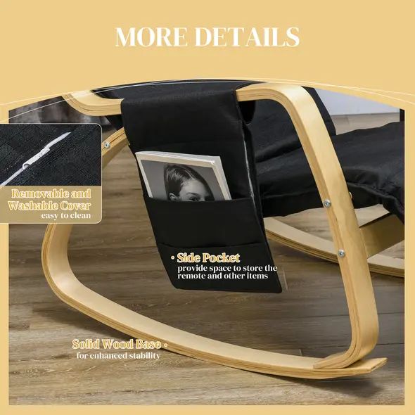 HOMCOM Rocking Lounge Chair Recliner Relaxation Lounging Relaxing Seat with Adjustable Footrest, Side Pocket and Pillow, Black - 5