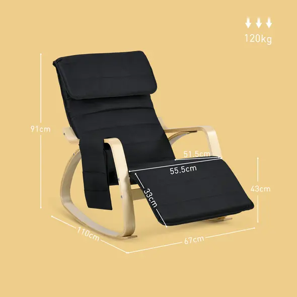 HOMCOM Rocking Lounge Chair Recliner Relaxation Lounging Relaxing Seat with Adjustable Footrest, Side Pocket and Pillow, Black - 2