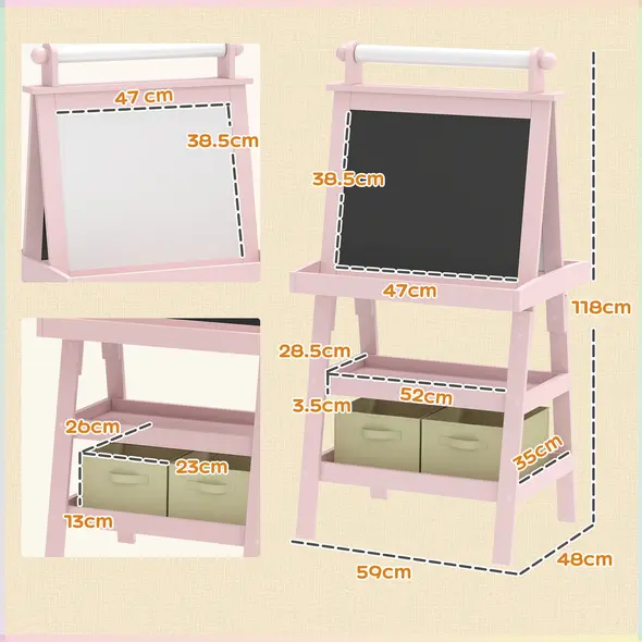AIYAPLAY 3 in 1 Kids Easel Double-Sided Magnetic Whiteboard and Chalkboard with Paper Roll, Storage Baskets - Pink - 3