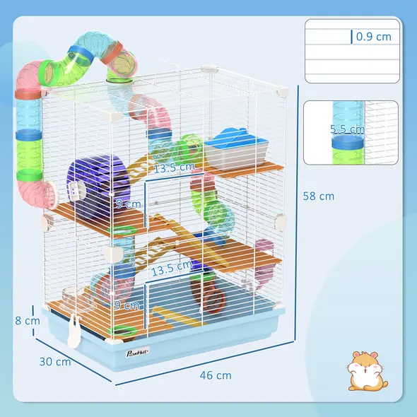 PawHut Small Hamster Cage 5-Tier Habitat with Tunnel, Light Blue - 2