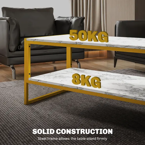 HOMCOM Coffee Table, Two-Tier Faux Marble Effect Centre Table with Metal Frame and Storage Shelf for Living Room, 106 x 50 x 45cm, White - 4