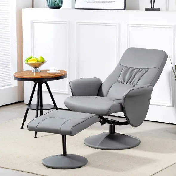 HOMCOM Swivel Recliner Chair with Footstool, PU Leather Armchair and Ottoman with High Back and Round Base for Living Room, Light Grey - 1
