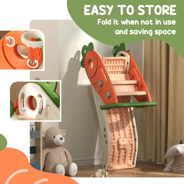 AIYAPLAY 3 in 1 Foldable Toddler Slide with Basketball Hoop, Climber, Carrot-themed, for 1-3 Years - 4