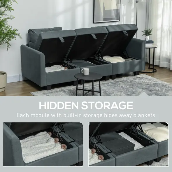 HOMCOM 'L' Shape Modular Storage Sofa - Dark Grey - 4