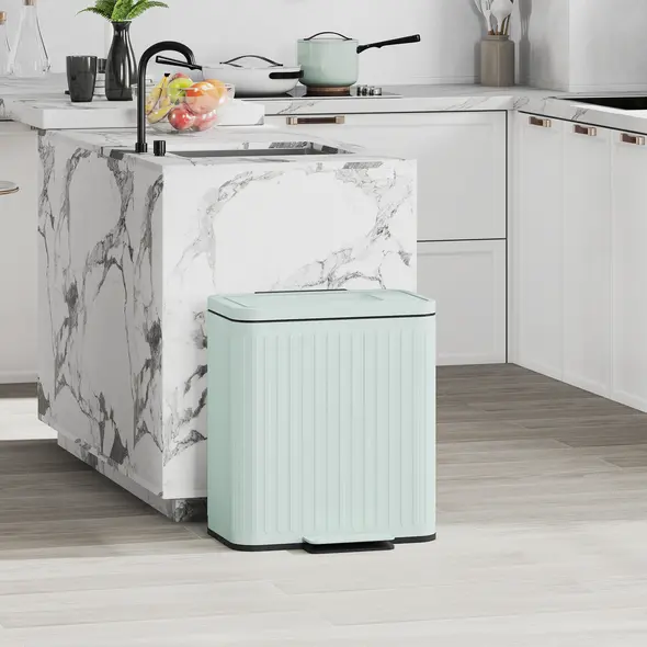 HOMCOM Dual Kitchen Bin, 2 x 20L Double Bin for Recycling and Waste, Fingerprint-proof Pedal Bin with Soft-Close Lid, Removable Inner Buckets, Green - 1