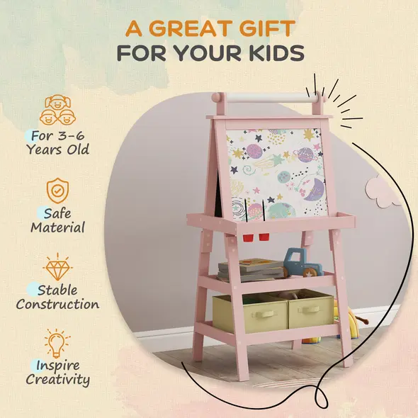 AIYAPLAY 3 in 1 Kids Easel Double-Sided Magnetic Whiteboard and Chalkboard with Paper Roll, Storage Baskets - Pink - 6