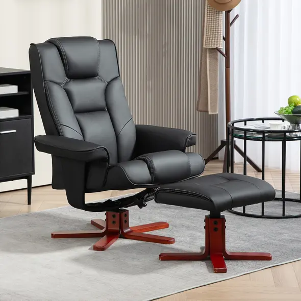HOMCOM Faux Leather Manual Recliner and Footstool Set - Black - 1