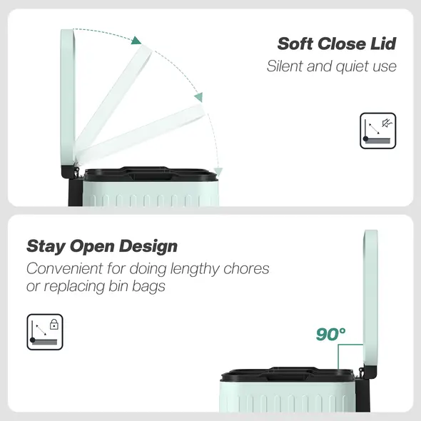 HOMCOM Dual Kitchen Bin, 2 x 20L Double Bin for Recycling and Waste, Fingerprint-proof Pedal Bin with Soft-Close Lid, Removable Inner Buckets, Green - 4