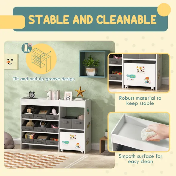 AIYAPLAY Kids Toy Storage Unit with 11 Bins, Cabinet, Top Shelves, 3 Stickers, for Nursery, Playroom, White - 4