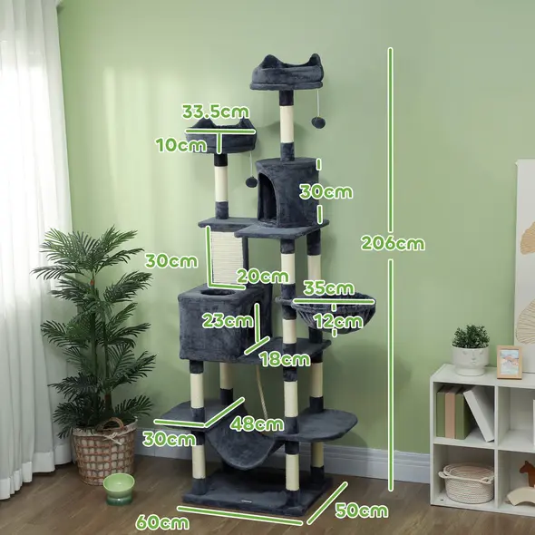 PawHut 206cm Cat Tree, Multi-Level Cat Tower with Scratching Posts and Board, Beds, Condos, Platforms, Toy Balls, Dark Grey - 2