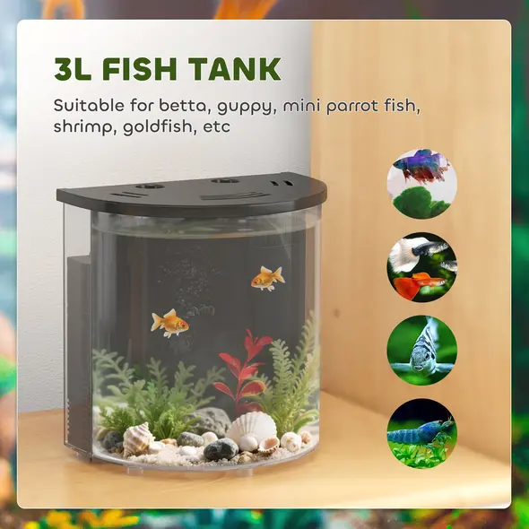 PawHut 3L Small Fish Tank with Filter System, LED Light, Small Fish Tank for Betta, Shrimp, Black - 4