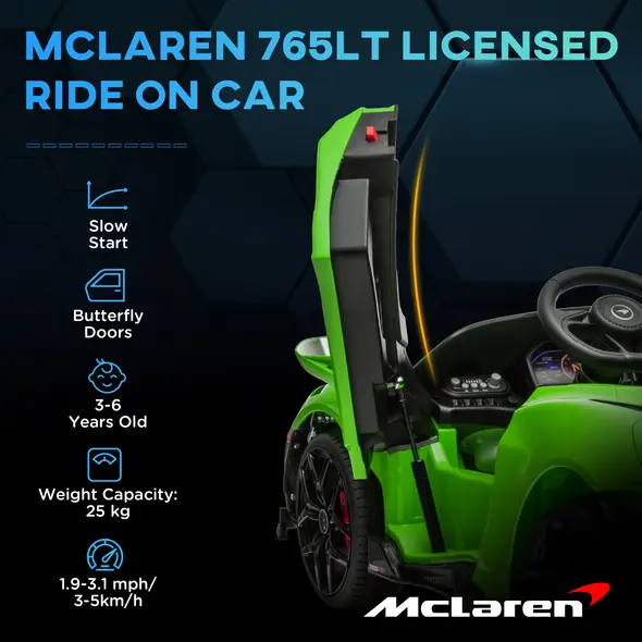 AIYAPLAY McLaren 765LT Licensed 12V Kids Electric Ride on Car with Butterfly Doors, Remote Control, Transport Wheels, Green - 3