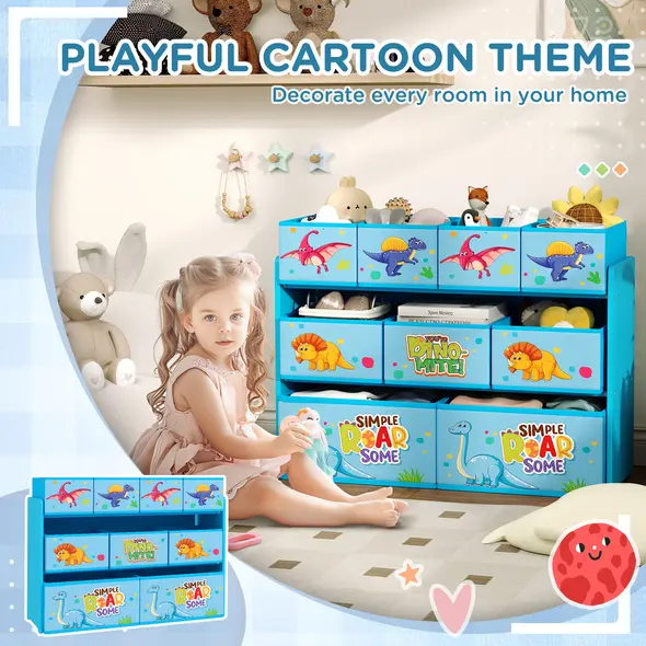 AIYAPLAY 3-Tier Kids Storage Unit with 9 Non-Woven Fabric Boxes for Toys, Books, for Bedroom, Nursery, Blue - 5