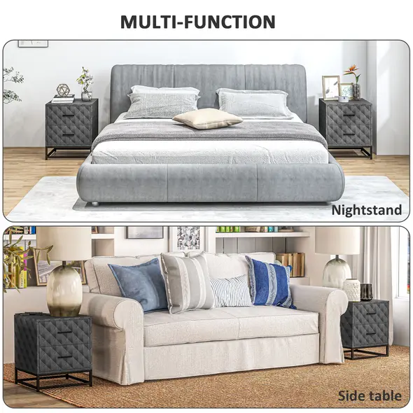 HOMCOM Bedside Tables Set of 2, Modern Bedside Table Nightstand with 2 Drawers, Bedside Cabinet Sofa Side Table with Storage, Steel Legs for Bedroom, Living Room, Grey - 6