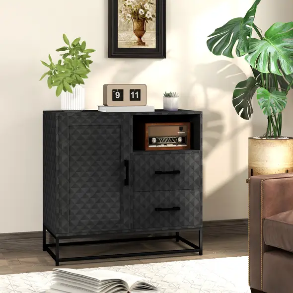 HOMCOM Sideboard with Adjustable Shelf, Freestanding Sideboard Storage Cabinet with Open Compartment and 2 Drawers, Black - 1