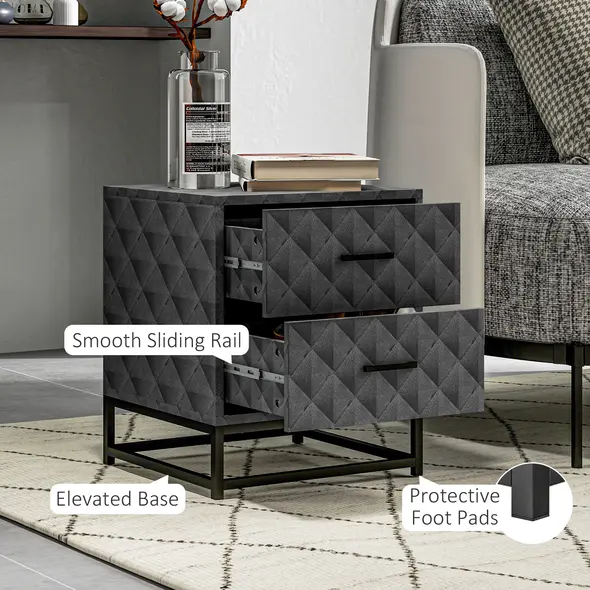 HOMCOM Bedside Tables Set of 2, Modern Bedside Table Nightstand with 2 Drawers, Bedside Cabinet Sofa Side Table with Storage, Steel Legs for Bedroom, Living Room, Grey - 5