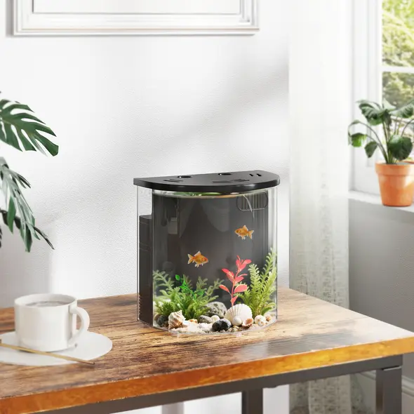 PawHut 3L Small Fish Tank with Filter System, LED Light, Small Fish Tank for Betta, Shrimp, Black - 1