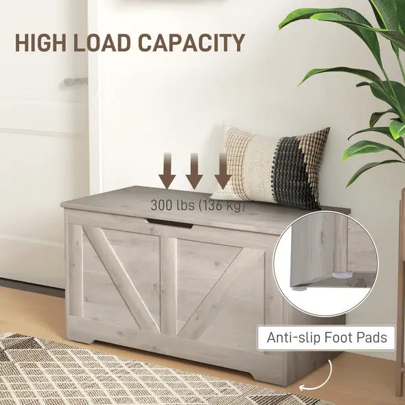 HOMCOM 100L Home Storage Box, with Safety Hinges - Grey Wood-Effect - 5