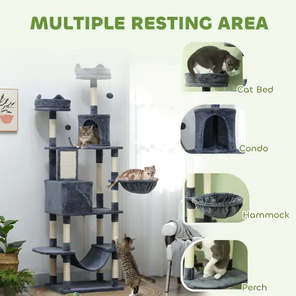 PawHut 206cm Cat Tree, Multi-Level Cat Tower with Scratching Posts and Board, Beds, Condos, Platforms, Toy Balls, Dark Grey - 3
