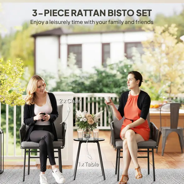 Outsunny 3-Piece Rattan Bistro Set, Garden Table and Chairs with 4 Cushions, Patio Rattan Conversation Furniture Set for Balcony, Porch, Terrace, Grey - 3
