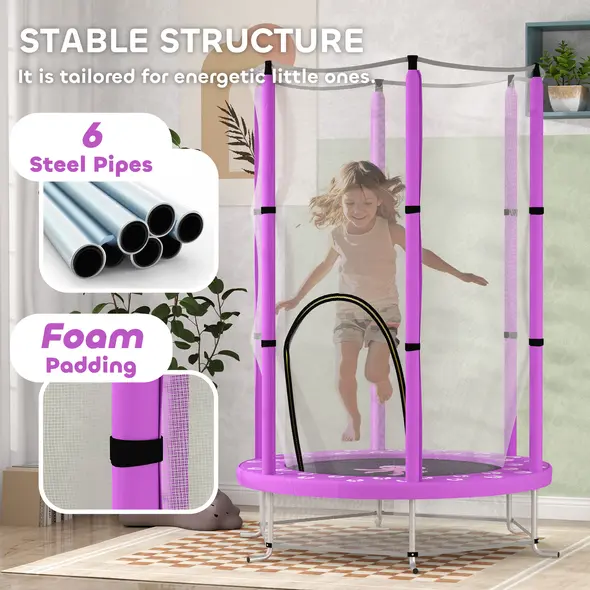 AIYAPLAY 4.6ft Toddler Trampoline w/ Safety Enclosure Net, for Indoor Outdoor Use, Ages 3-6 Years, Purple - 3