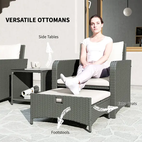 Outsunny Five Piece Rattan Garden Furniture Set with 2-Tier Coffee Table and Ottomans  - Cream White - 4