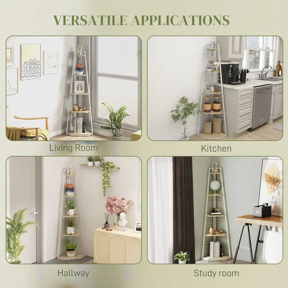 HOMCOM Five-Tier Corner Shelf - White/Wood-Effect - 5