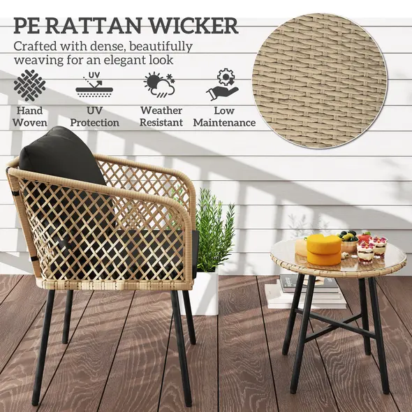 Outsunny Three-Piece Cut-Out Rattan Chair and Table Set - Brown/Black - 4