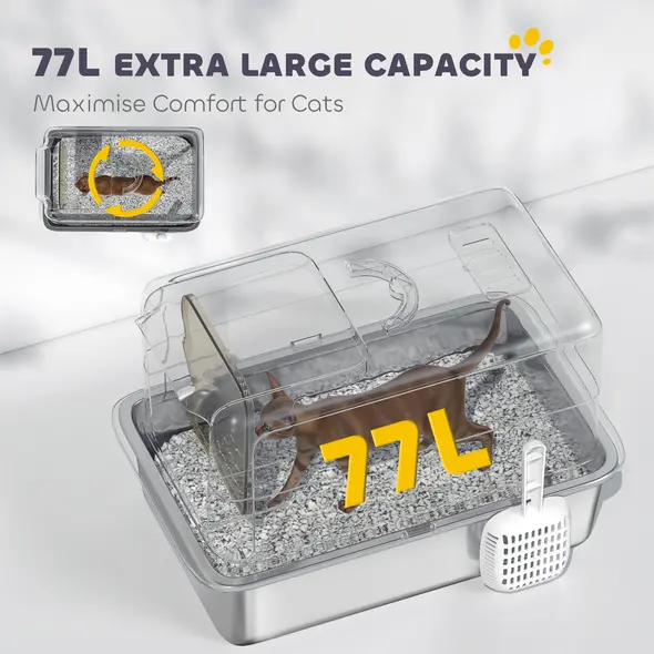 PawHut Stainless Steel Cat Litter Box with Removable Lid, Scoop, Filter Bags, for Larger Cats, White - 6