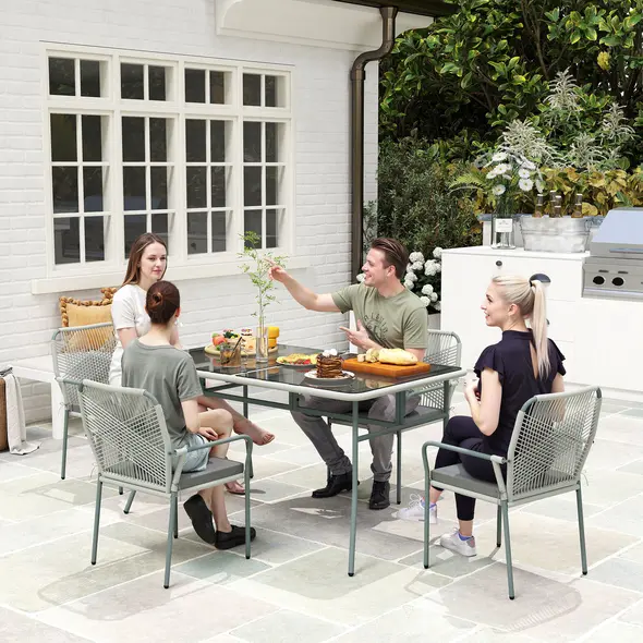 Outsunny Five-Piece PE Rattan Garden Dining Set with Cushions & Stackable Chairs - Light Grey - 1
