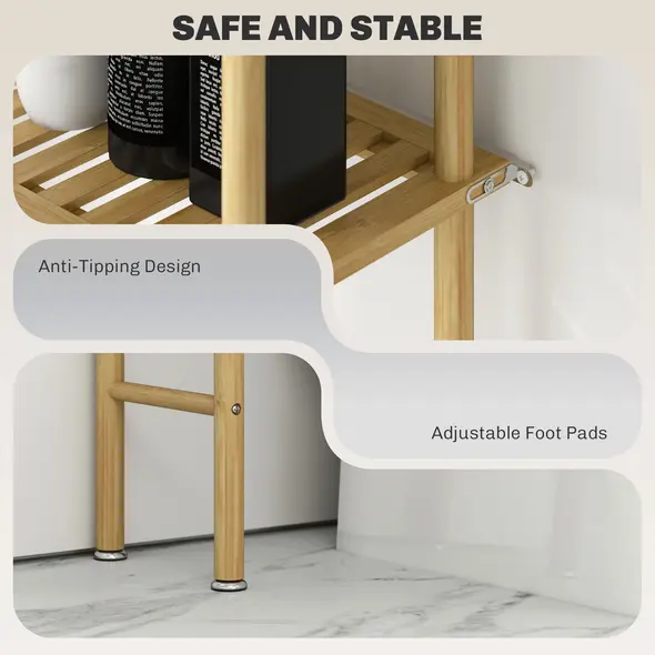 HOMCOM Bamboo Over Toilet Storage Unit with 3 Slatted Shelves, 3-Tier Freestanding Bathroom Shelf, Bathroom Space Saver, Natural Wood Finish - 6