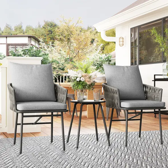 Outsunny 3-Piece Rattan Bistro Set, Garden Table and Chairs with 4 Cushions, Patio Rattan Conversation Furniture Set for Balcony, Porch, Terrace, Grey - 8