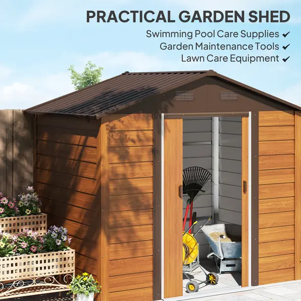Outsunny 6 x 8ft Galvanised Steel Shed - Brown Wood-Effect - 6
