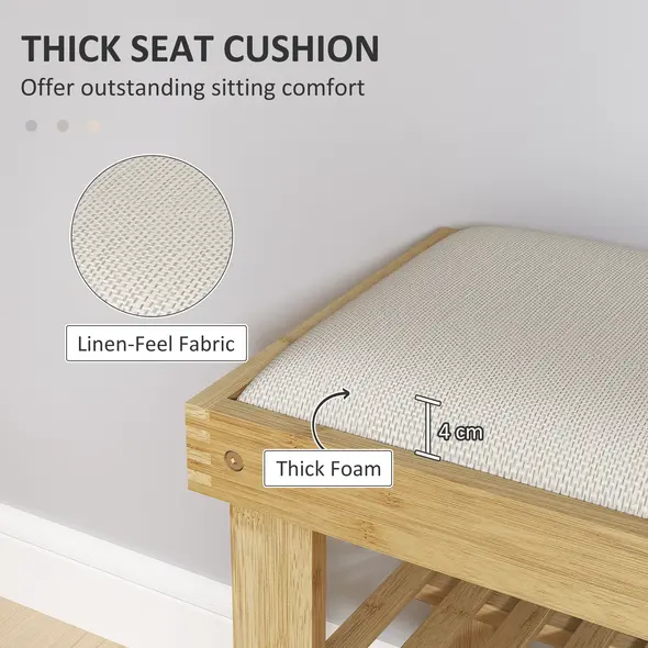 HOMCOM Bamboo Shoe Storage Bench, 3-Tier Shoe Bench with Seat Cushion, Shoe Rack for Entryway, Hallway, Living Room, Bedroom, Cream White - 3