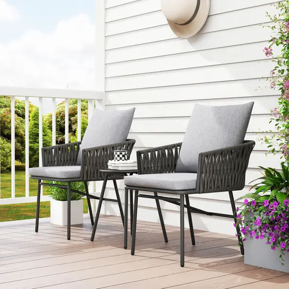 Outsunny 3-Piece Rattan Bistro Set, Garden Table and Chairs with 4 Cushions, Patio Rattan Conversation Furniture Set for Balcony, Porch, Terrace, Grey - 6