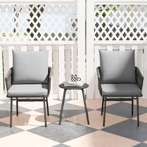 Outsunny 3-Piece Rattan Bistro Set, Garden Table and Chairs with 4 Cushions, Patio Rattan Conversation Furniture Set for Balcony, Porch, Terrace, Grey - 7