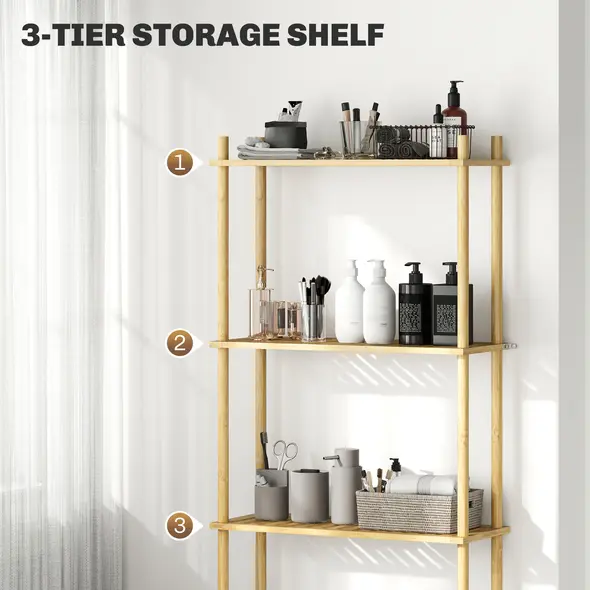 HOMCOM Bamboo Over Toilet Storage Unit with 3 Slatted Shelves, 3-Tier Freestanding Bathroom Shelf, Bathroom Space Saver, Natural Wood Finish - 4