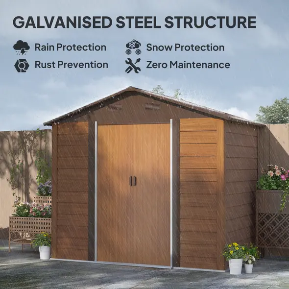 Outsunny 6 x 8ft Galvanised Steel Shed - Brown Wood-Effect - 3