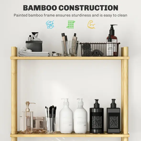 HOMCOM Bamboo Over Toilet Storage Unit with 3 Slatted Shelves, 3-Tier Freestanding Bathroom Shelf, Bathroom Space Saver, Natural Wood Finish - 5