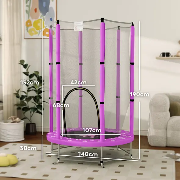 AIYAPLAY 4.6ft Toddler Trampoline w/ Safety Enclosure Net, for Indoor Outdoor Use, Ages 3-6 Years, Purple - 2