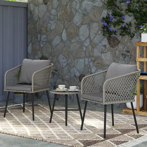 Outsunny Three-Piece Cut-Out Rattan Chair and Table Set - Grey - 7