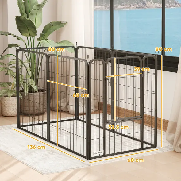 PawHut Six-Panel Dog Playpen with Door, for Medium Dogs, Indoors, Outdoors, 80cm Tall, Black - 2
