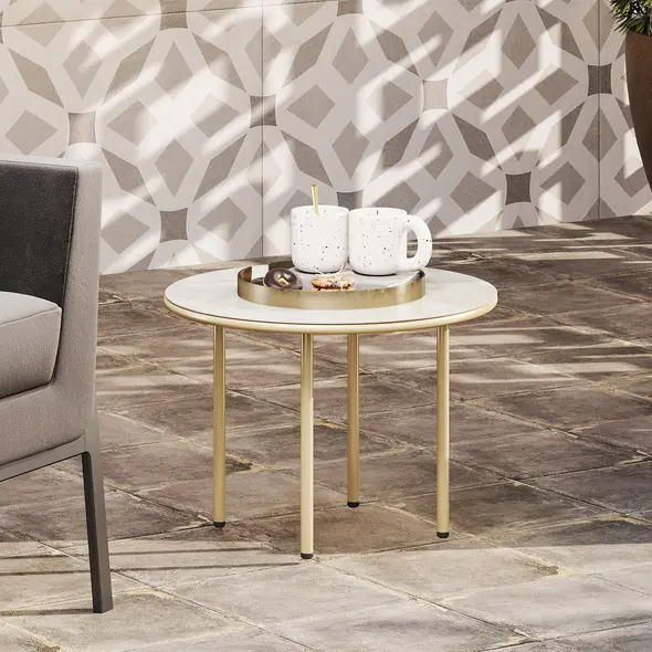 Outsunny Round Coffee Table, Modern End Side Table with Faux Marble Tempered Glass Top, Steel Frame for Living Room, Bedroom, Office, Beige - 6