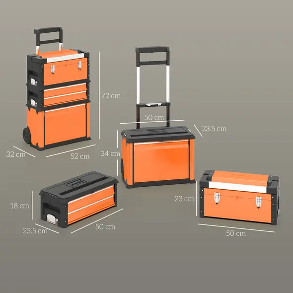 HOMCOM 3-in-1 Stackable Rolling Tool Box - Orange - 2