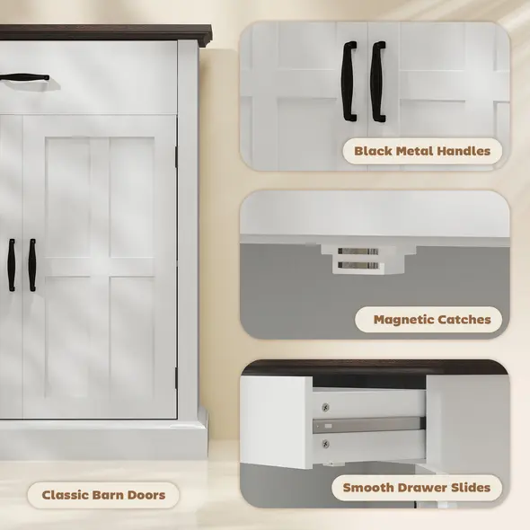 HOMCOM Farmhouse Sideboard with 3 cm Thick Top 2 Barn Doors - White - 5